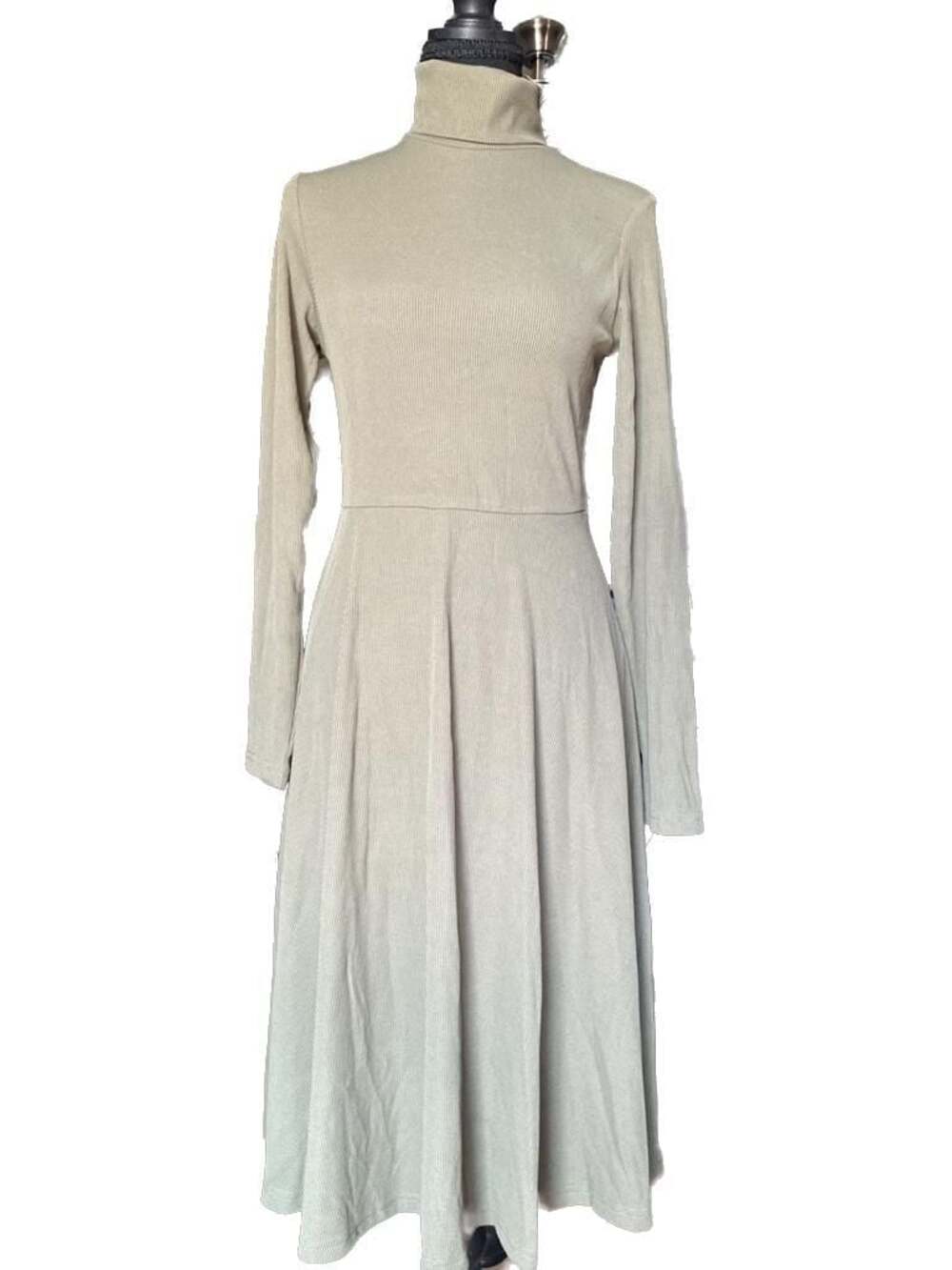 Fashion Creation Concept Ribbed Long Sleeve Turtleneck A-Line Midi Dress in Sage